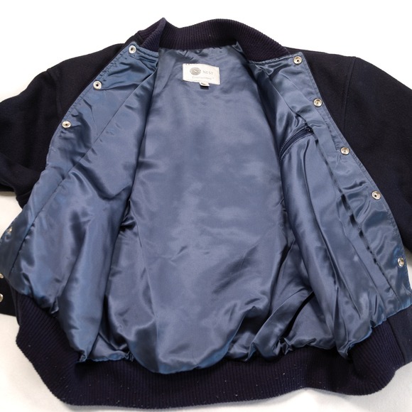 NEST ENTERTAINMENT Mens L Navy Wool Satin Embroidered Logo Varsity Bomber Jacket - Picture 3 of 9